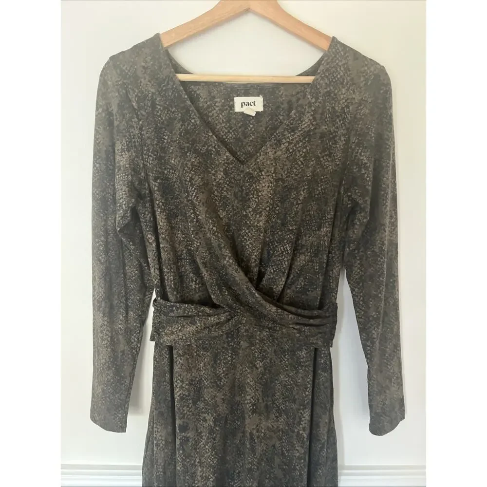 Pact Organic Cotton Dress Size‎ Medium Faux Wrap Snake Print Green Black